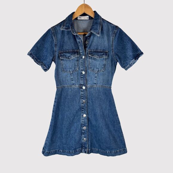 Zara Dresses & Skirts - ZARA Womens Dress Blue Denim Mini Shirtdress Jean Short Sleeve A Line Small